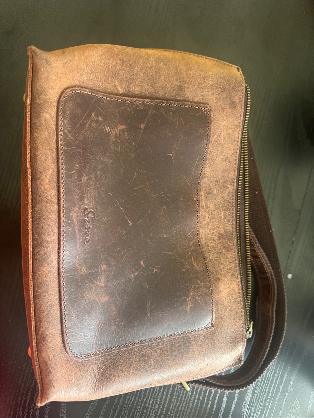 Men's Vintage Brown Leather Toiletry Bag with Front Pocket used